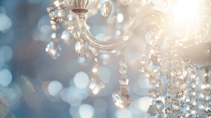 Wall Mural - Close up of a crystal chandelier with sunlit backdrop and space for text