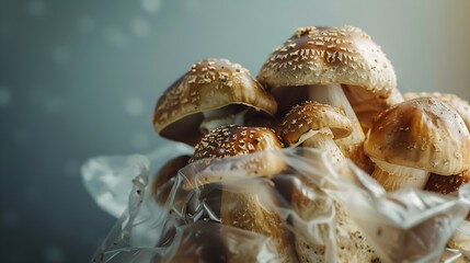 Wall Mural - Growing Shiitake Mushrooms Eco Food Bio Vegetarian Food Edible Mushrooms Grow Plastic Bag Close Up : Generative AI