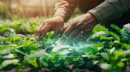 Aufkleber - Smart farming with IoT futuristic agriculture 40 concept farming 40 Smart agricultural technology and innovative agricultural concepts Farmer uses his hands to touch the leaves of the  : Generative AI