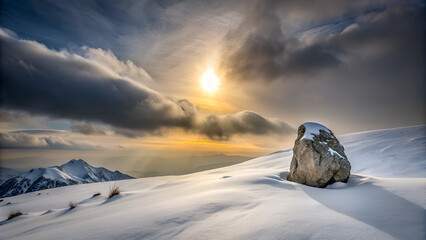 Wall Mural - Lone rock on a snowy slope with a gray sky and a pale sun in the background, Belluno, Veneto, Italy