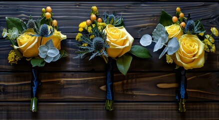 Sticker - Three yellow roses and some greenery on a wooden wall. AI.