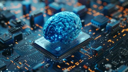 Wall Mural - a computer chip with a blue brain on top. ai.