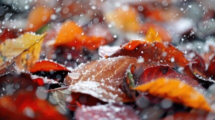 The initial snowfall in late autumn covering autumn leaves with a flurry of snow