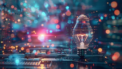 Wall Mural - a light bulb is lit up on top of a circuit board. ai.
