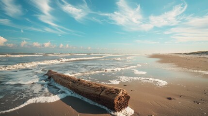 Sticker - a wooden log resting on the sandy shore of a Corpus Christi beach