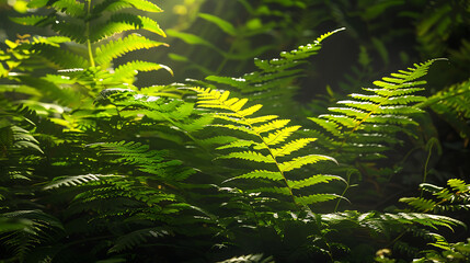 Wall Mural - vibrant green ferns with sunlight filtering through, casting light and shadows that highlight the intricate patterns of the leaves