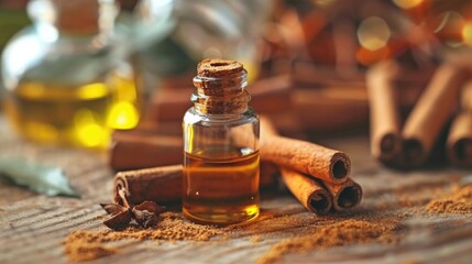 Wall Mural - Selective focus on small bottle of cinnamon oil