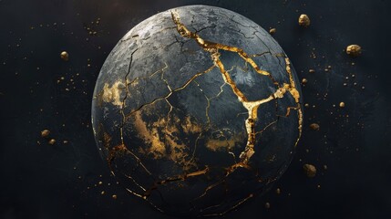 Wall Mural - a dynamic 3d rendering showcases abstract art featuring a damaged spherical earth like planet moon o