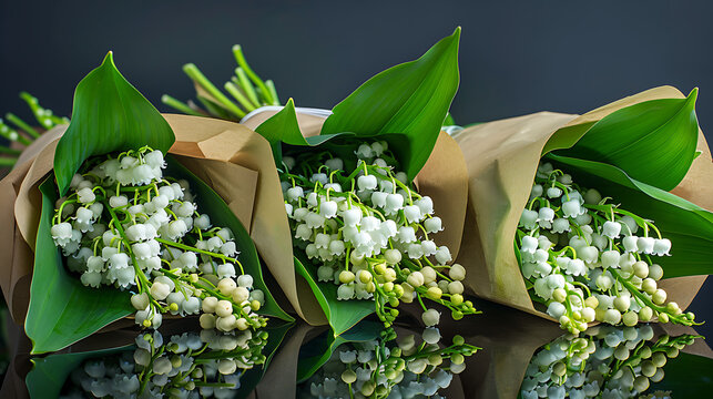 three bouquets of white lily of the valley flowers with green leaves, wrapped in brown paper, possibly for sale or as gifts