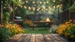 © AhmadTriwahyuutomo - relaxing summer evening in a backyard garden with a grill BBQ, wooden table decorated with flowers, blurred background