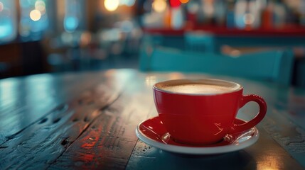 Wall Mural - Coffee in a red cup at a restaurant table