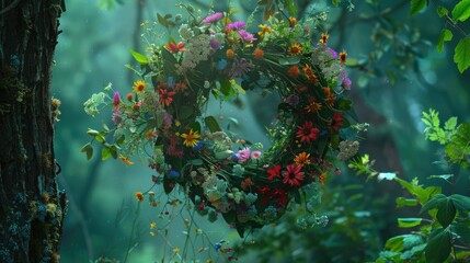 Sticker - A whimsical wreath of wildflowers dangles from a tree in the enchanting depths of the forest set against a vibrant backdrop of lush greenery This floral creation embodies the essence of the