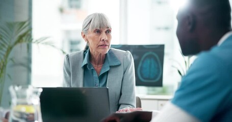 Poster - Woman, laptop and nurse for healthcare and meeting, discussion or planning for health insurance. Report, talk and man brainstorming with mature medical advisor consultant in neuroscience hospital