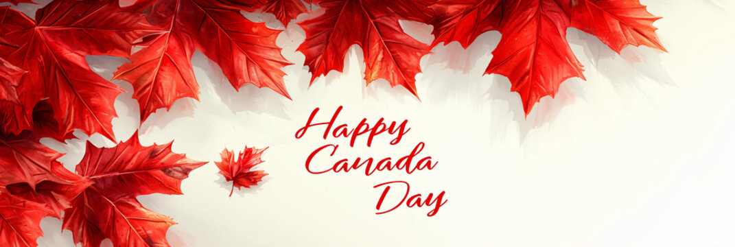 Happy Canada Day greeting card with calligraphy lettering and red maple leaves on white background. Victoria Day. National celebration party, independence day. Design for banner, poster, invitation