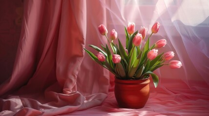 Wall Mural - Tulips in a pot on fabric with a lovely appearance