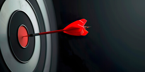 Close-up of a red dart in the middle of a target in target shooting. Achieve goals