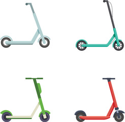 Vector illustration collection of four modern scooters in different colors isolated on a white backdrop