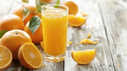 Sticker - Freshly squeezed juice made from ripe juicy oranges displayed on a white wooden table Room for text