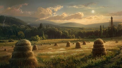 Wall Mural - At the base of the mountain near the forest lie picturesque haystacks dotting the agricultural field where the sun and moon meet at twilight symbolizing the changing of day and night The mo