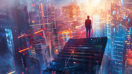 a person at the top of a staircase, gazing over a cityscape. The scene includes graphical elements like upward arrows, line graphs, and numbers