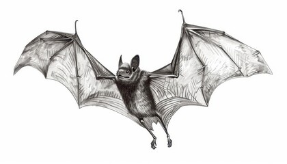 isolated bat in flight with wings flapping on white background sketch