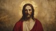 © Aleksandra - An antique painting of Jesus Christ wearing a red robe, depicting the Christ the Redeemer theme with a golden halo around his head. The artwork is created in the Baroque style, emphasizing rich detail