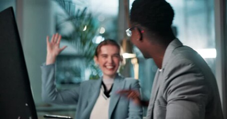 Poster - Business people, computer and high five for success at night, office and excited for online deal. Partnership, teamwork and celebration for company goals, support and talking on bonus or winning