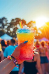 Hyman hand holding colorful slushie drink in plastic cup on the street. Blurred summer beach on background. Rainbow frozen juice cocktail Slush. Tropical crushed ice beverage. Banner with copy space