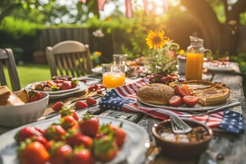 Summertime outdoor breakfast with American flag