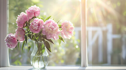 Wall Mural - a bouquet of pink peonies arranged in a clear glass vase. The vase is placed near a window, where sunlight gently illuminates the flowers, enhancing their natural beauty
