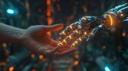 Wall Mural - hands of robot and human touching on dna connecting in virtual interface on future, science and inno