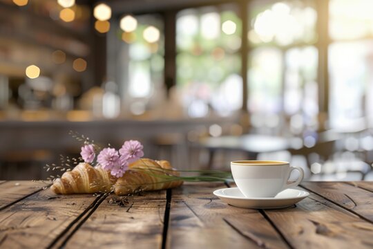 A cup of coffee and a croissant on a wooden table in a cozy cafe
