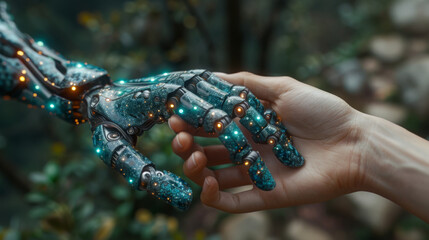 Wall Mural - hands of robot and human touching on dna connecting in virtual interface on future, science and inno