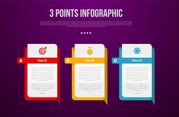 Wall Mural - 3 points or step process infographic with creative rectangle box with sharp callout bottom with modern dark style for slide presentation