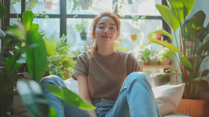 Relaxed Young Woman Enjoying Indoor Garden Surrounded by Houseplants, Natural Light, and Greenery in a Cozy Home Setting with a Serene Atmosphere for Relaxation and Tranquility