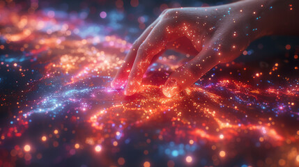Wall Mural - hands touching science and network connection and data exchanges on glitter bright lights colorful b