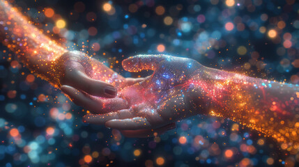 Wall Mural - hands touching science and network connection and data exchanges on glitter bright lights colorful b
