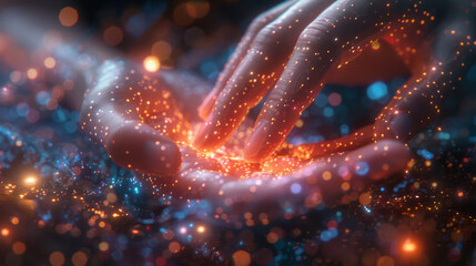 Wall Mural - hands touching science and network connection and data exchanges on glitter bright lights colorful b