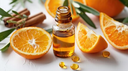 Canvas Print - Orange essential oil on white isolated background with selective focus on food