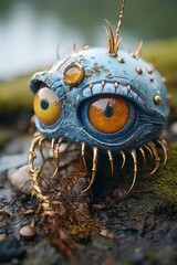 a close up of a blue and yellow creature with big eyes