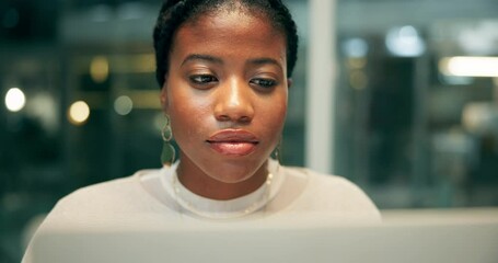 Wall Mural - Administration, reading on laptop and project management with black woman in office at night for research. Face, computer and business, professional employee in creative workplace for online design