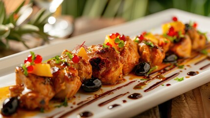 Sticker - Chicken tapas served on a white rectangular plate garnished with fruit in a Spanish restaurant