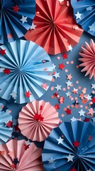 4th of July background, USA Presidents Day, Independence Day, Memorial day, US election concept. Red white and blue paper fans with stars confetti. Flat lay, top view, banner