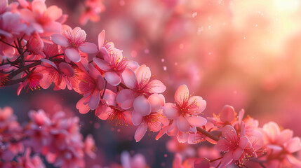 Canvas Print - Horizontal banner with sakura flowers of pink color on sunny backdrop. Beautiful nature spring background with a branch of blooming sakura. Sakura blossoming season in Japan