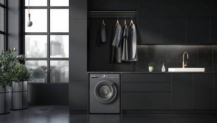 Wall Mural - A black kitchen with a black washer and dryer