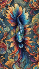 Wall Mural - A doodle style drawing of a colorful betta fish with elaborate fins.