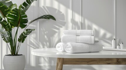 Sticker - White table with towels bedroom background for product showcase