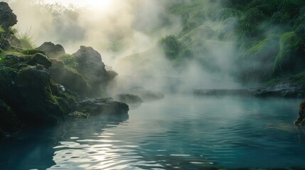 Ideal Environment for Peaceful Solitude Created by Morning Mist Above Volcanic Mineral Springs