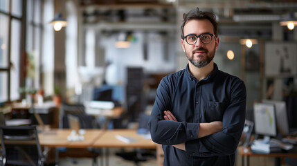 portrait of an American software engineer standing in modern office looking at camera, tech support worker 