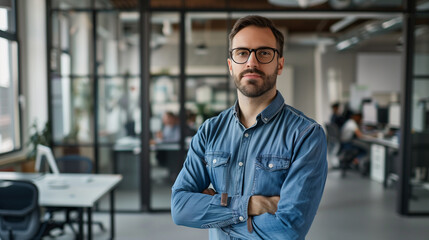 portrait of an American software engineer standing in modern office looking at camera, tech support worker 